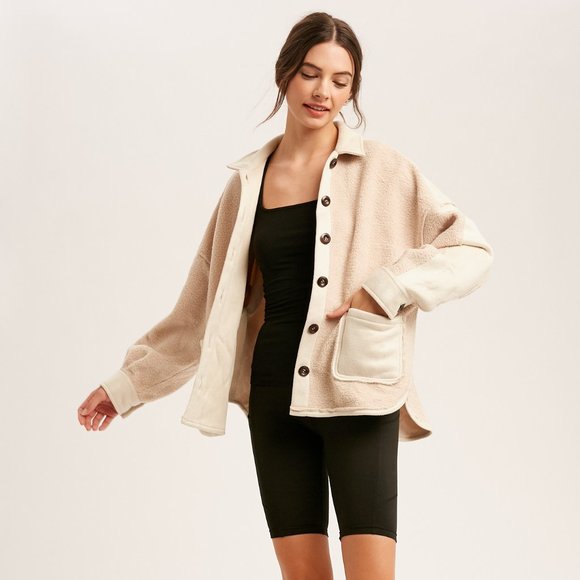 Listicle Oversized Terry Cloth Collar Button Closure Pocket Shacket - Picture 3 of 9